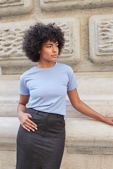 Kadın Sıfır Yaka Kırışmaz Span Karışımlı Şık Kısa Kol Likralı T-shirt Bluz-Açık Mavi