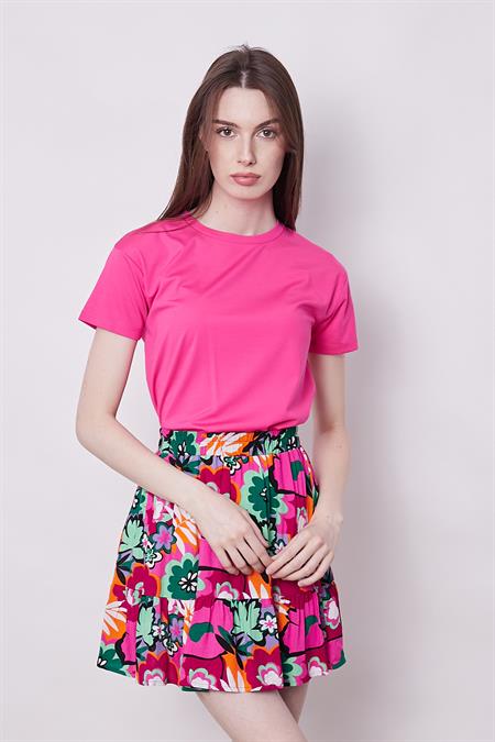 Kadın Sıfır Yaka Kırışmaz Span Karışımlı Şık Kısa Kol Likralı T-shirt Bluz-Fujya 