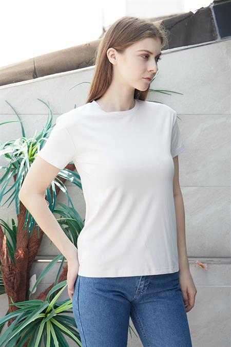 Kadın Sıfır Yaka Kırışmaz Span Karışımlı Şık Kısa Kol Likralı T-shirt Bluz-Şampanya 