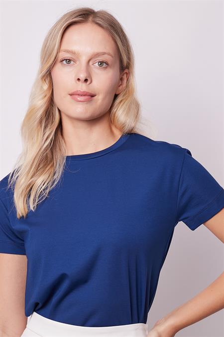 Kadın Sıfır Yaka Kırışmaz Span Karışımlı Şık Kısa Kol Likralı T-shirt Bluz-Lacivert