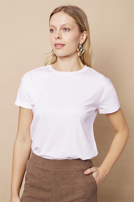 Kadın Sıfır Yaka Kırışmaz Span Karışımlı Şık Kısa Kol Likralı T-shirt Bluz-Beyaz
