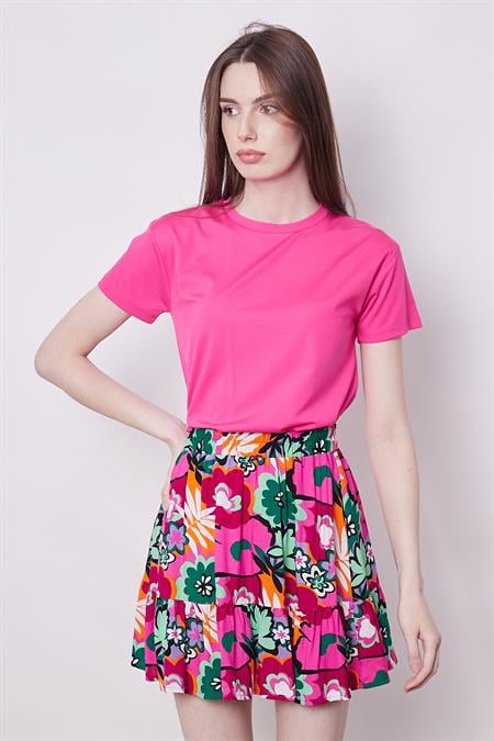 Kadın Sıfır Yaka Kırışmaz Span Karışımlı Şık Kısa Kol Likralı T-shirt Bluz-Fujya 