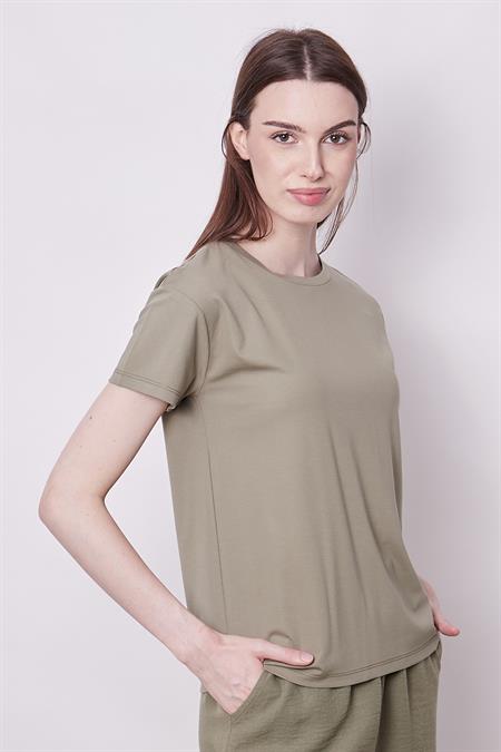 Kadın Sıfır Yaka Kırışmaz Span Karışımlı Şık Kısa Kol Likralı T-shirt Bluz-Haki 