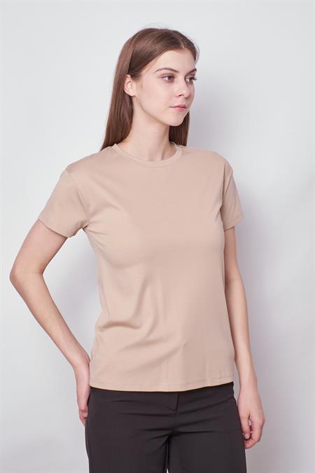 Kadın Sıfır Yaka Kırışmaz Span Karışımlı Şık Kısa Kol Likralı T-shirt Bluz-Koyu Bej 