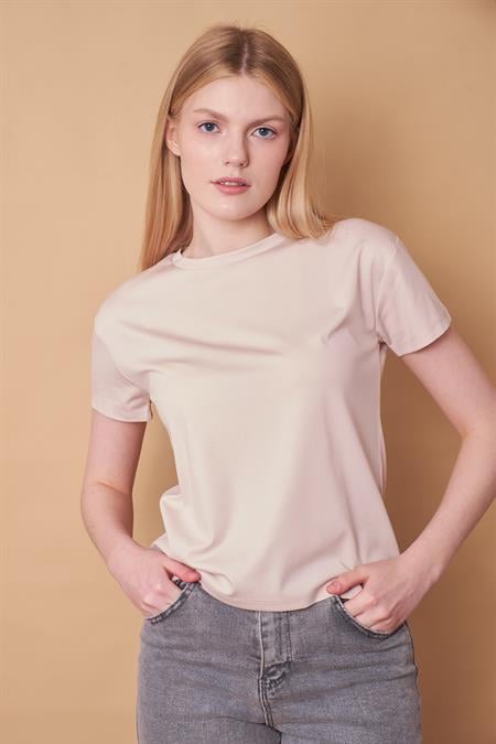 Kadın Sıfır Yaka Kırışmaz Span Karışımlı Şık Kısa Kol Likralı T-shirt Bluz-Taş