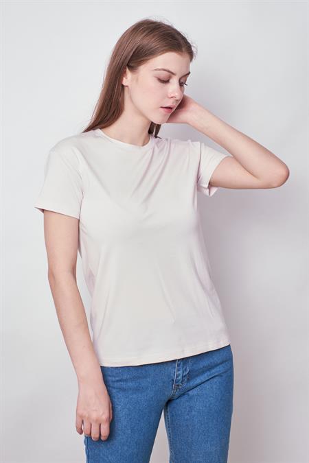 Kadın Sıfır Yaka Kırışmaz Span Karışımlı Şık Kısa Kol Likralı T-shirt Bluz-Şampanya 