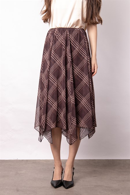 Kadın Şifon Sekiz Parça Astarlı Midi Boy Diz Altı Asimetrik Etek-Kahve Baklava