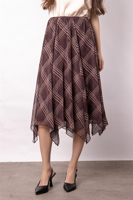 Kadın Şifon Sekiz Parça Astarlı Midi Boy Diz Altı Asimetrik Etek-Kahve Baklava