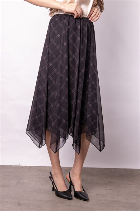 Kadın Şifon Sekiz Parça Astarlı Midi Boy Diz Altı Asimetrik Etek-Siyah Baklava