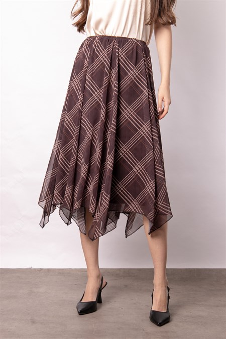 Kadın Şifon Sekiz Parça Astarlı Midi Boy Diz Altı Asimetrik Etek-Kahve Baklava