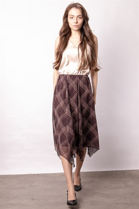 Kadın Şifon Sekiz Parça Astarlı Midi Boy Diz Altı Asimetrik Etek-Kahve Baklava