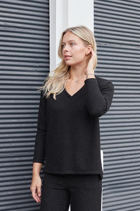 Kadın Simli Kaşkorse V Yaka Düşük Omuzlu Uzun Kol Yırtmaçlı Bluz -Siyah 