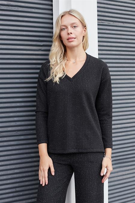 Kadın Simli Kaşkorse V Yaka Düşük Omuzlu Uzun Kol Yırtmaçlı Bluz -Siyah 