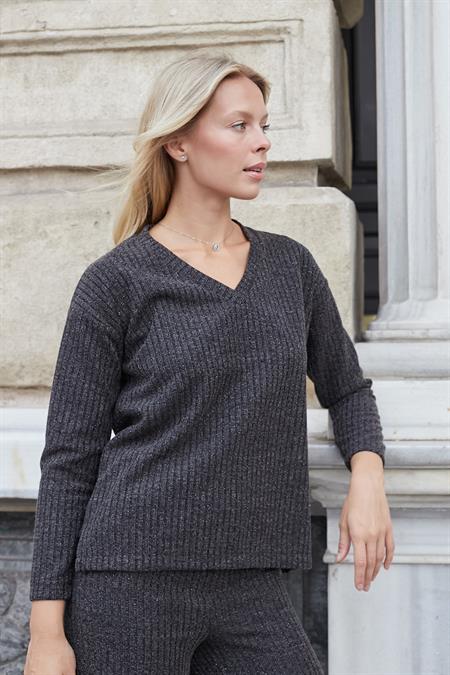 Kadın Simli Kaşkorse V Yaka Düşük Omuzlu Uzun Kol Yırtmaçlı Bluz -Antrasit 