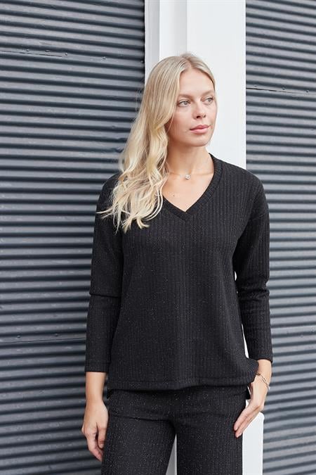 Kadın Simli Kaşkorse V Yaka Düşük Omuzlu Uzun Kol Yırtmaçlı Bluz -Siyah 