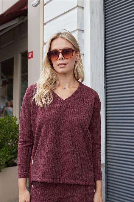 Kadın Simli Kaşkorse V Yaka Düşük Omuzlu Uzun Kol Yırtmaçlı Bluz -Bordo 