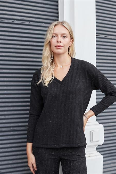 Kadın Simli Kaşkorse V Yaka Düşük Omuzlu Uzun Kol Yırtmaçlı Bluz -Siyah 