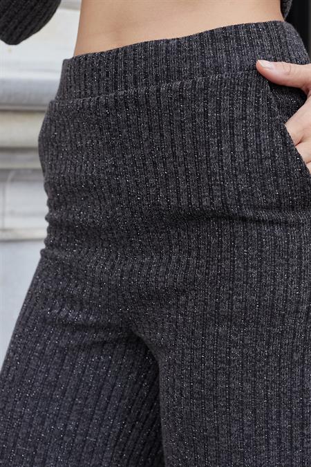 Kadın Simli Kaşkorse Yüksek Bel Yan Cepli Beli Lastikli Bol Paça Pantolon -Antrasit 