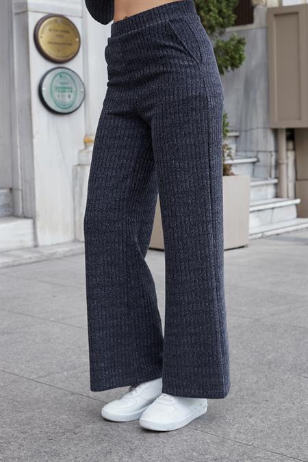 Kadın Simli Kaşkorse Yüksek Bel Yan Cepli Beli Lastikli Bol Paça Pantolon -Lacivert 