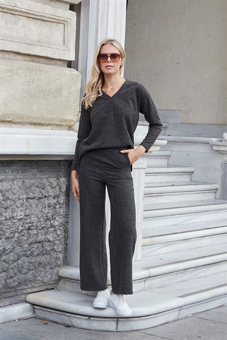 Kadın Simli Kaşkorse Yüksek Bel Yan Cepli Beli Lastikli Bol Paça Pantolon -Antrasit 