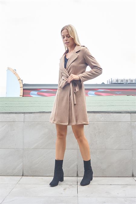 kadın süet anvelop kruvaze cepli uzun kol trençkot