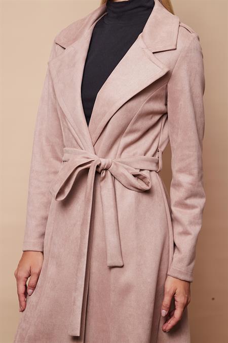 kadın süet anvelop kruvaze cepli uzun kol trençkot