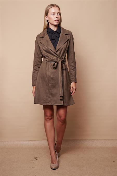kadın süet anvelop kruvaze cepli uzun kol trençkot