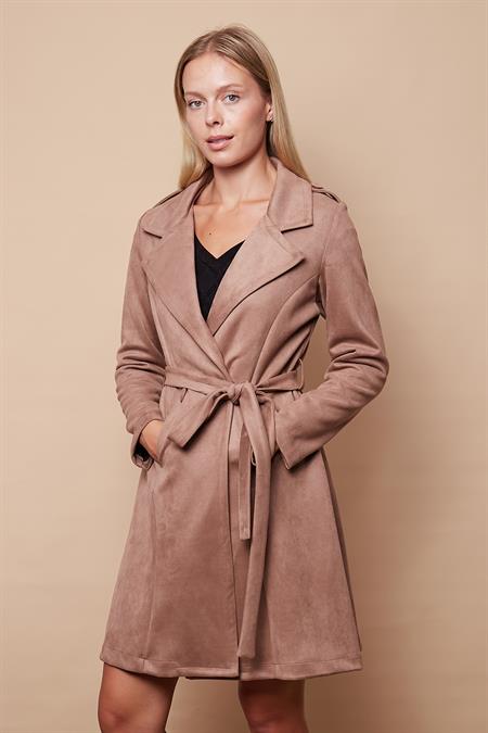 kadın süet anvelop kruvaze cepli uzun kol trençkot