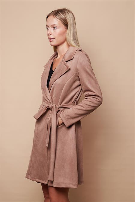 kadın süet anvelop kruvaze cepli uzun kol trençkot
