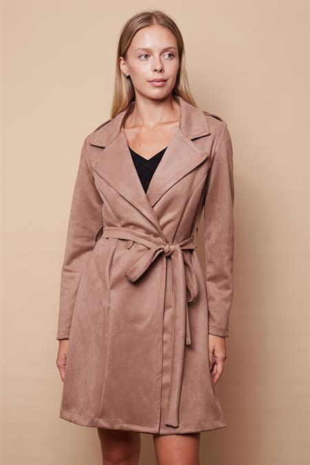 kadın süet anvelop kruvaze cepli uzun kol trençkot