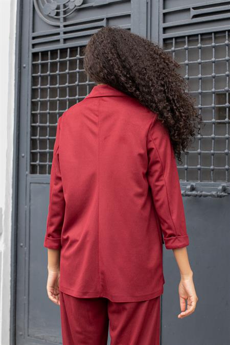 Kadın Süet Dokulu Kumaş Yakalı Capri Kol Cep Kapaklı Blazer Ceket-Bordo 