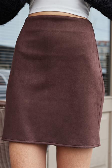 Kadın Likralı Süet Kumaş Hafif Mini Fermuarlı Dİz Üstü Kalem Etek-Kahve