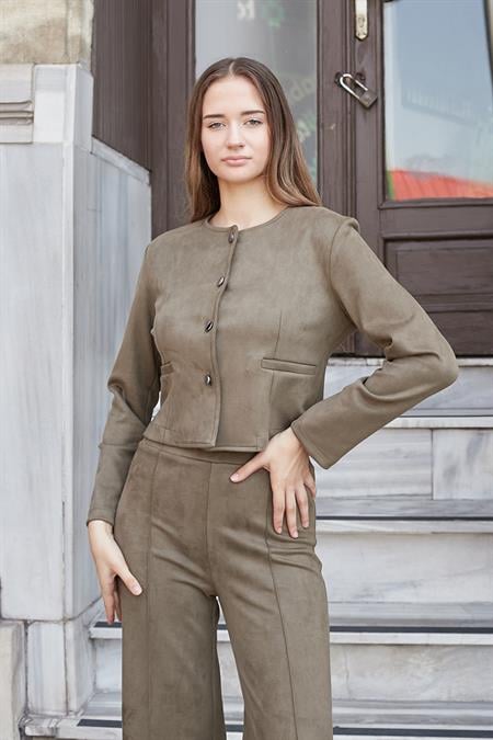 Kadın Esnek Süet Kumaş Sıfır Yaka Flato Cepli Uzun Kol Blazer Ceket-Haki