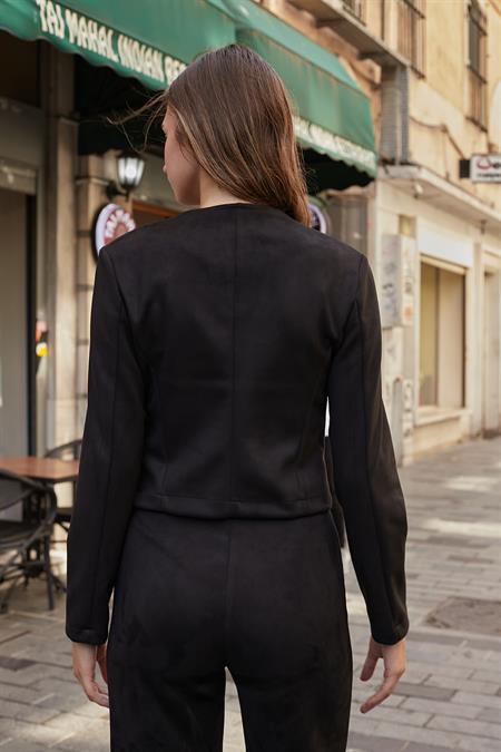 Kadın Esnek Süet Kumaş Sıfır Yaka Flato Cepli Uzun Kol Blazer Ceket-Siyah