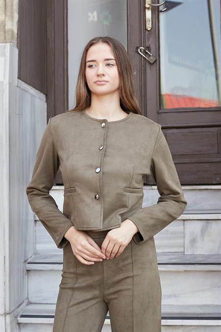Kadın Esnek Süet Kumaş Sıfır Yaka Flato Cepli Uzun Kol Blazer Ceket-Haki
