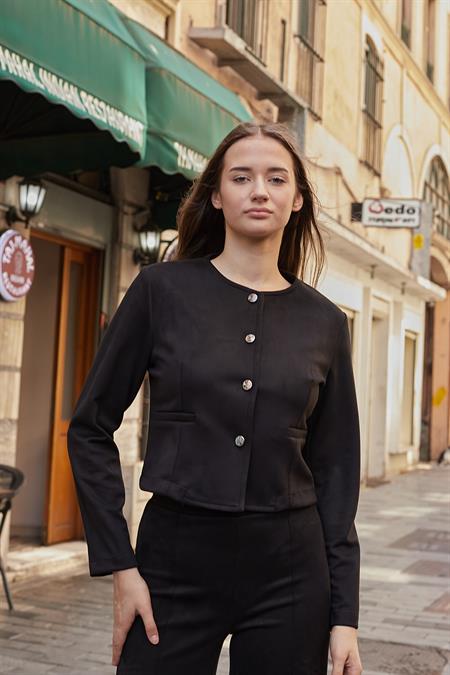 Kadın Esnek Süet Kumaş Sıfır Yaka Flato Cepli Uzun Kol Blazer Ceket-Siyah