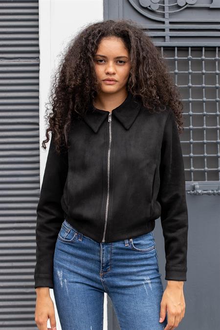 JUMENTkadın süet yakalı fermuarlı arkası lastikli cepli kısa mont