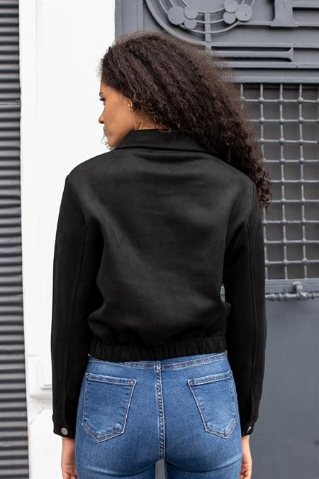 kadın süet yakalı fermuarlı arkası lastikli cepli kısa mont