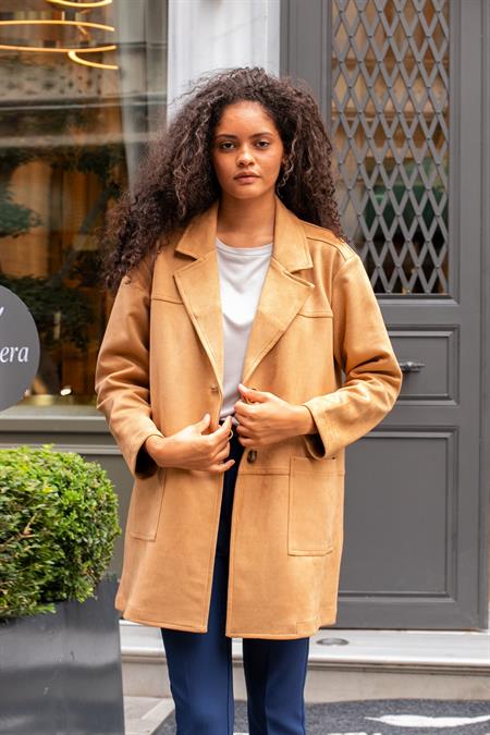 kadın süet yakalı uzun kol cepli spor dikişli kaban