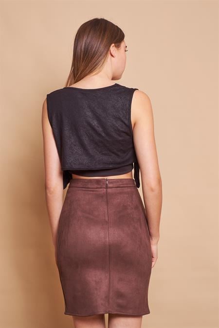 Kadın Hafif Likralı Süet Kumaş Yüksek Bel Diz Üstü Kalem Etek-Kahve