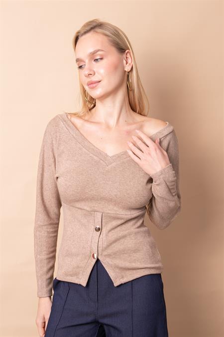 Kadın Triko Ön Arka V Yaka Yarasa Uzun Kol Düğmeli Bluz -Camel 