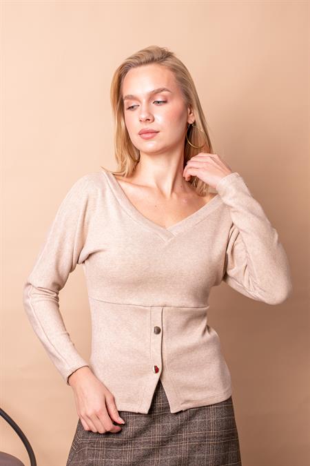 Kadın Triko Ön Arka V Yaka Yarasa Uzun Kol Düğmeli Bluz -Bej 