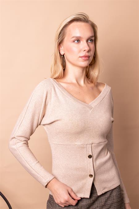 Kadın Triko Ön Arka V Yaka Yarasa Uzun Kol Düğmeli Bluz -Bej 
