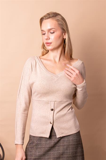 Kadın Triko Ön Arka V Yaka Yarasa Uzun Kol Düğmeli Bluz -Bej 