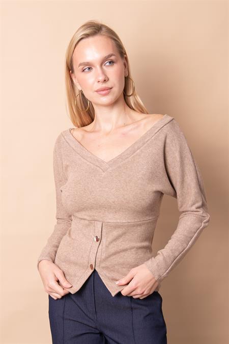Kadın Triko Ön Arka V Yaka Yarasa Uzun Kol Düğmeli Bluz -Camel 