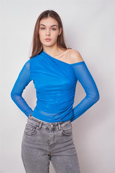 kadın tül omuzu beli büzgülü omuz dekolteli uzun kol bluz