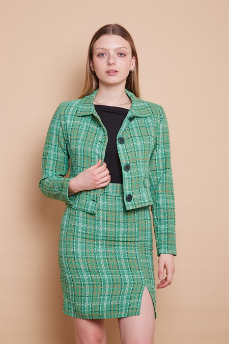 Önü Düğmeli Cep Kapaklı Tüvit Blazer Kısa Ceket-Yeşil Ekose