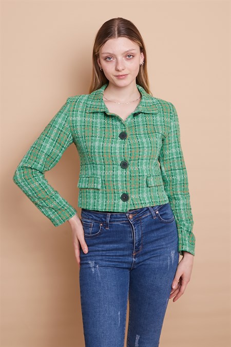 Önü Düğmeli Cep Kapaklı Tüvit Blazer Kısa Ceket-Yeşil Ekose