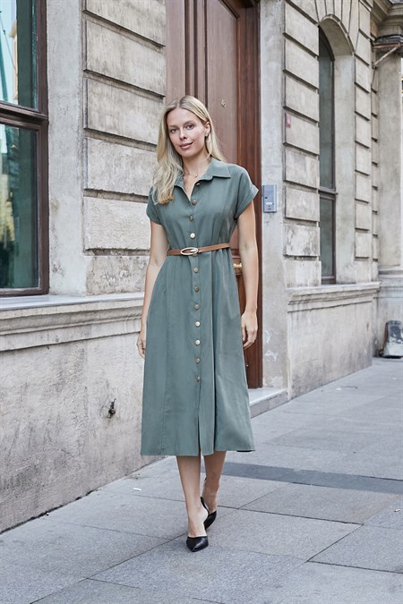 Kadın Twill Modal Yakalı Düşük Omuzlu Duble Kol  Midi Boy Diz Altı Elbise(Deri Kemer Dahil)-Haki