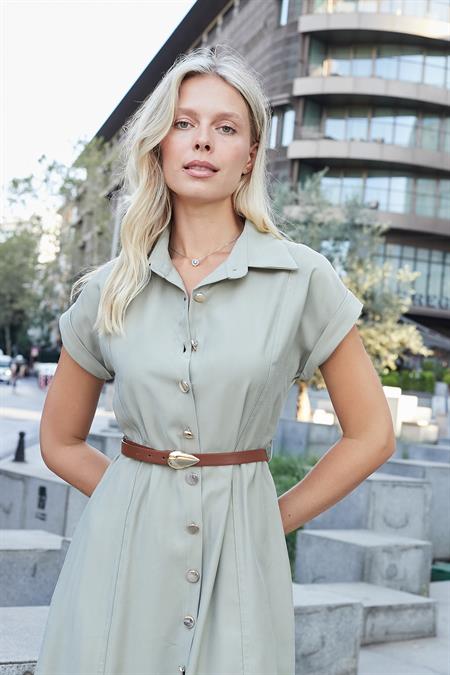 Kadın Twill Modal Yakalı Düşük Omuzlu Duble Kol  Midi Boy Diz Altı Elbise(Deri Kemer Dahil)-Açık Haki 